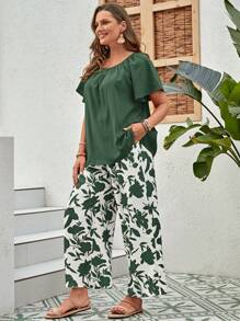 EMERY ROSE Plus Solid Top & Floral Print Wide Leg Pants For Summer - Green - View 3