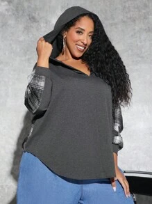 SHEIN CURVE+ Plus Size Plaid Print Drop Shoulder Sweatshirt - Grey - View 4