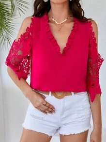 SHEIN VCAY Cold Shoulder Guipure Lace Sleeve Frill Trim Blouse - Hot Pink - View 1