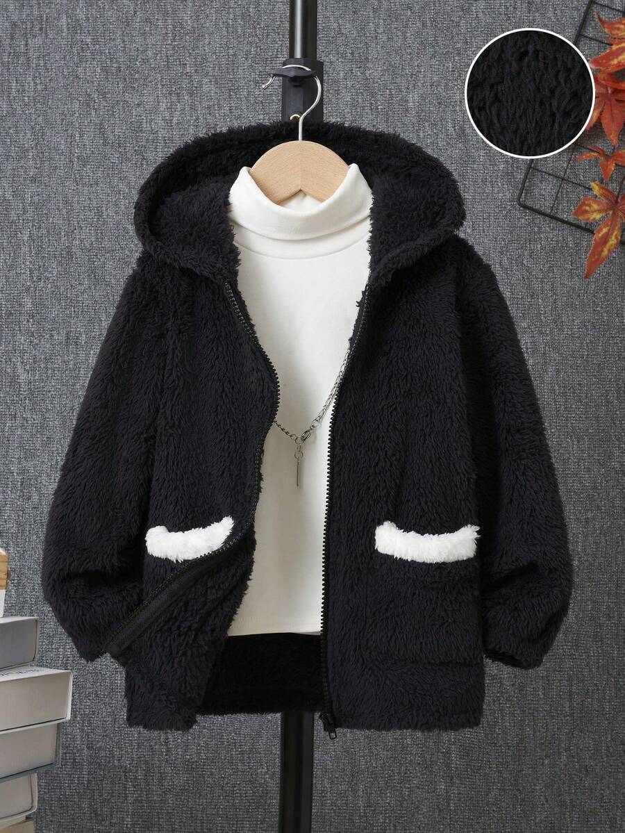SHEIN 男小童拼接邊連帽絨毛外套不帶T恤 - 黑色 - 查看 1