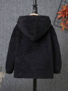 SHEIN 男小童拼接邊連帽絨毛外套不帶T恤 - 黑色 - 查看 2