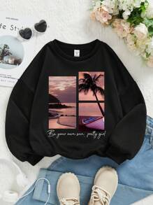 SHEIN Cô gái Tween 1 Miếng Slogan & bản in cây cọ Thả vai Áo nỉ - màu đen - Xem 2