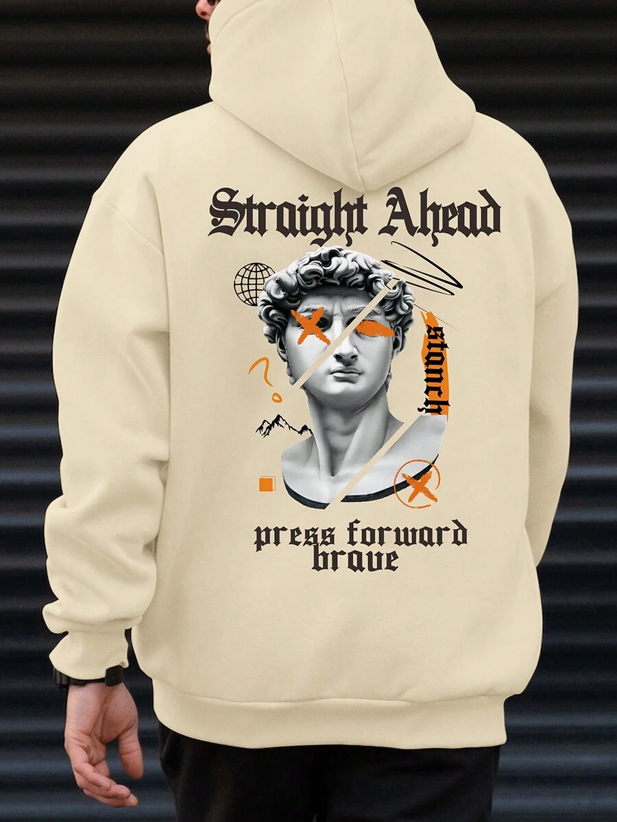 Manfinity EMRG Men Letter Graphic Kangaroo Pocket Drawstring Hoodie - Apricot - View 1