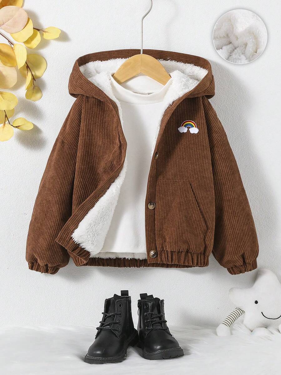 SHEIN 女小童貼布細節毛絨內襯連帽燈芯絨夾克不帶T恤 - 駝色 - 查看 1