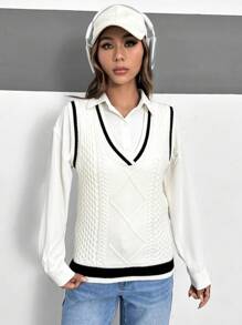 SHEIN Unity 拼接邊麻花編織毛衣背心不帶襯衫 - 白色 - 查看 3