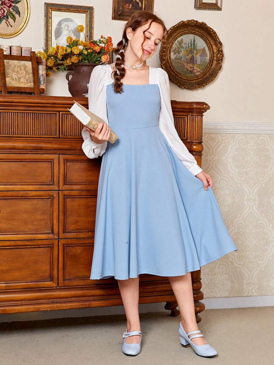SHEIN Teen Girls Square Neck Two Tone Dress - Baby Blue - View 1