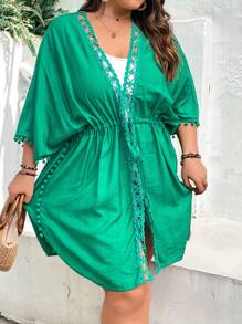 SHEIN VCAY Plus Contrast Lace Drawstring Waist Kimono - Green - View 4