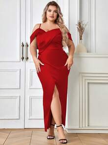 Plus Cold Shoulder Wrap Hem Dress - Red - View 4