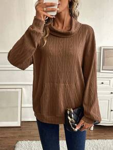 SHEIN LUNE Cổ bò Thả vai Túi kangaroo Áo nỉ - màu nâu - Xem 6