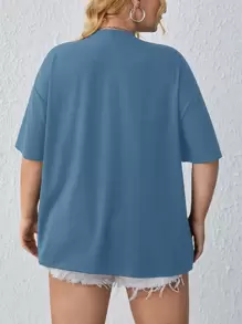 SHEIN EZwear Plus Letter Graphic Drop Shoulder Tee - Blue - View 2