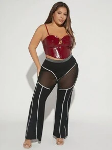 SHEIN SXY Talla grande Pantalones acampanados de malla transparente ribete en contraste