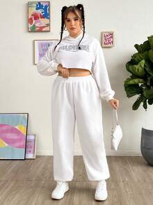 SHEIN EZwear 大碼素色彈性腰帶衛褲 - 白色 - 查看 3