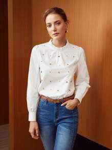 MOTF PREMIUM STUDDED FRILL-NECK BLOUSE