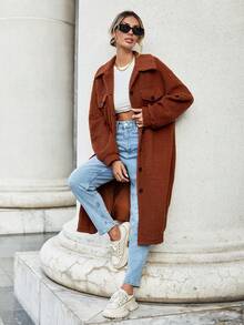 SHEIN Essnce 翻蓋口袋落肩袖絨毛外套 - 棕色 - 查看 3