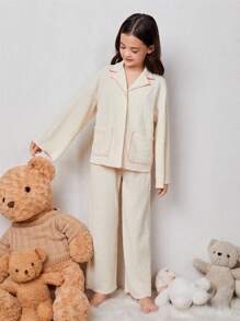 SHEIN Leap Crew 女大童1入組拼接滾邊落肩袖睡衣套裝 - 杏色 - 查看 4