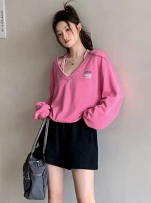 DAZY 字母貼布落肩袖二合一運動衫 - 粉色 - 查看 4