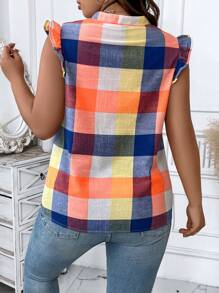 Celure 夏季加大格子印花缺口领口荷叶边衬衣 - 彩色 - 查看 2