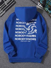 Teen Boy Slogan Graphic Kangaroo Pocket Drawstring Hoodie - Blue - View 1