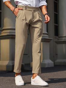 Calvornis Men Fold Pleated Detail Slant Pocket Suit Pants - Khaki - View 6