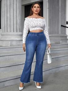 SHEIN Privé Talla grande Jeans de pierna amplia ribete sin dobladillo - Azul lavado medio - Ver 5