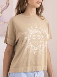 SHE(IN) BRASIL Hình in mặt trời & mặt trăng Áo thun Thả vai - Màu Tím - Xem 4