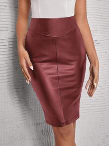 SHEIN BIZwear Thắt lưng băng rộng chất liệu da PU Váy bút chì - Màu Đỏ Sâu - Xem 1