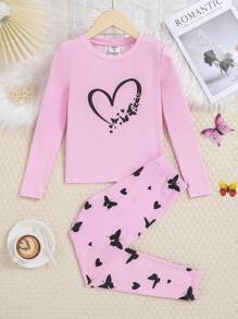 SHEIN Leap Crew Tween Girl Heart & Butterfly Print Tee & Pants Snug Fit PJ Set - Baby Pink - View 5
