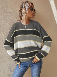SHEIN LUNE Striped Pattern Drop Shoulder Oversized Sweater,Long Sleeve Tops - Grey - View 4