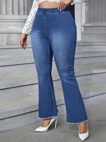 SHEIN Privé Talla grande Jeans de pierna amplia ribete sin dobladillo - Azul lavado medio - Ver 6