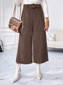 SHEIN Essnce 腰帶闊腿褲 - 摩卡棕 - 查看 3