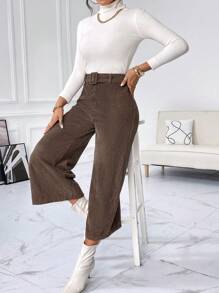 SHEIN Essnce 腰帶闊腿褲 - 摩卡棕 - 查看 4