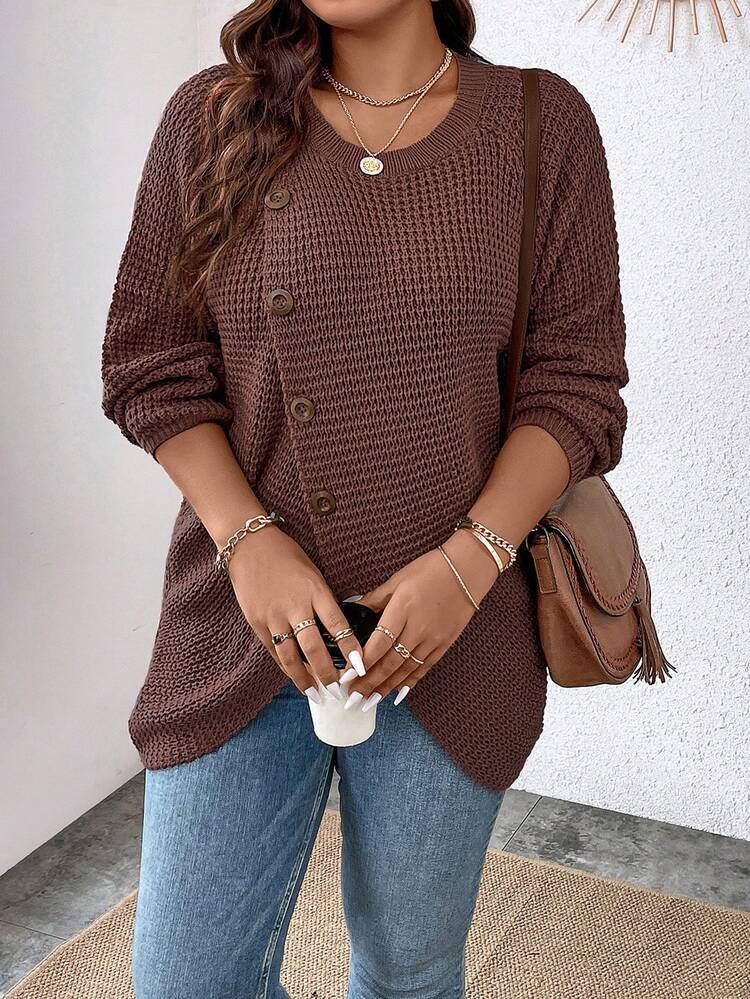 Plus Button Detail Wrap Hem Sweater Knit Pullover Fall Winter Sweater