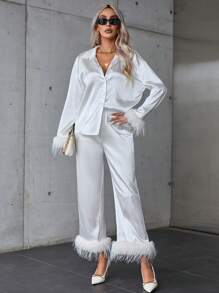 SHEIN Privé Trang trí Fuzzy Xa ten Áo sơ mi & Quần - trắng - Xem 5