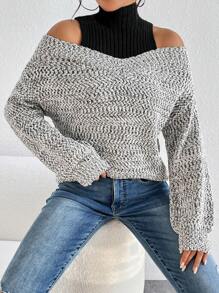 SHEIN LUNE 双色露肩两用毛衣，长袖针织套头衫，秋冬毛衣 - 灰色 - 查看 1