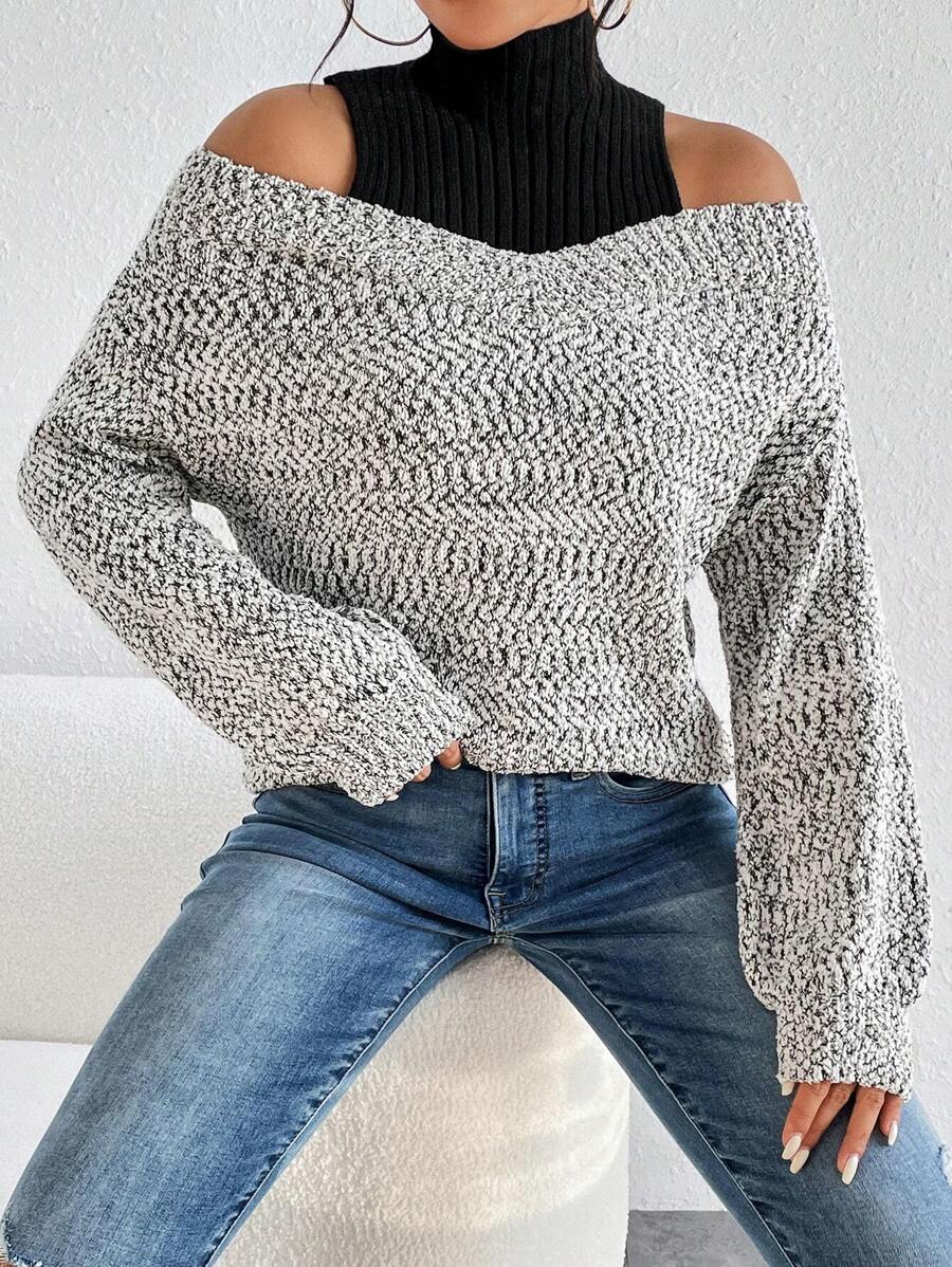 SHEIN LUNE 双色露肩两用毛衣，长袖针织套头衫，秋冬毛衣 - 灰色 - 查看 1