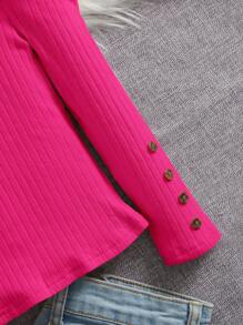 SHEIN Leap Crew 女小童小高領羊腿袖紐扣細節T恤 - 玫紅色 - 查看 4