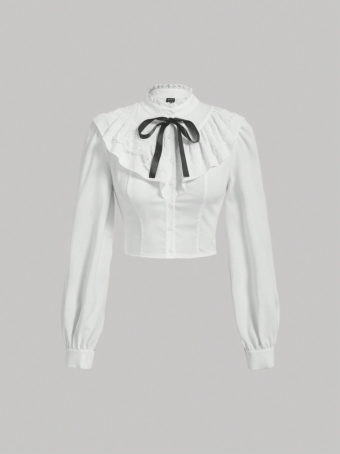 SHEIN SHEIN MOD Mock Neck Lace Detail Ruffle Trim Knot Front Shirt