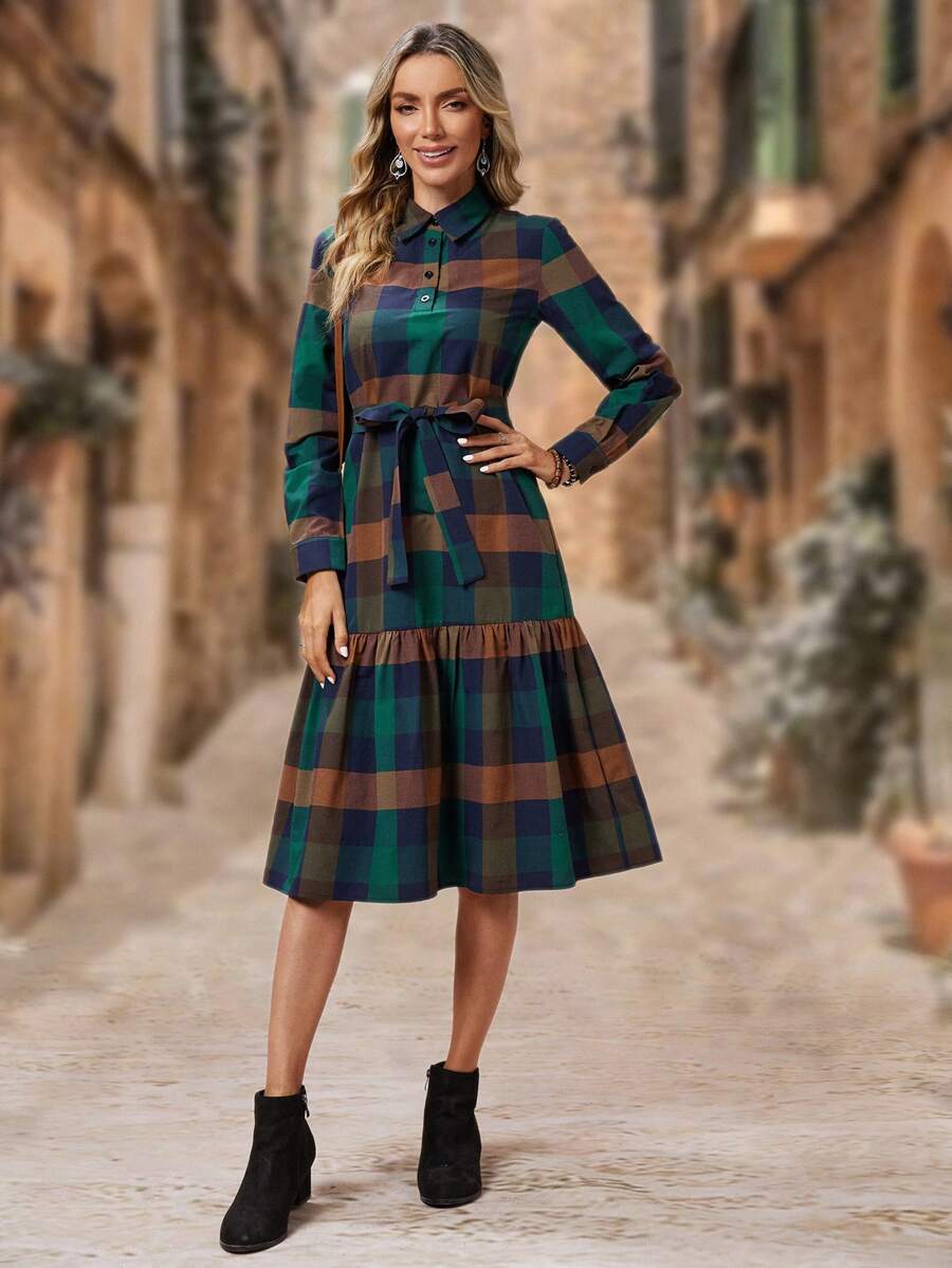 EMERY ROSE 格紋印花束帶襯衫洋裝