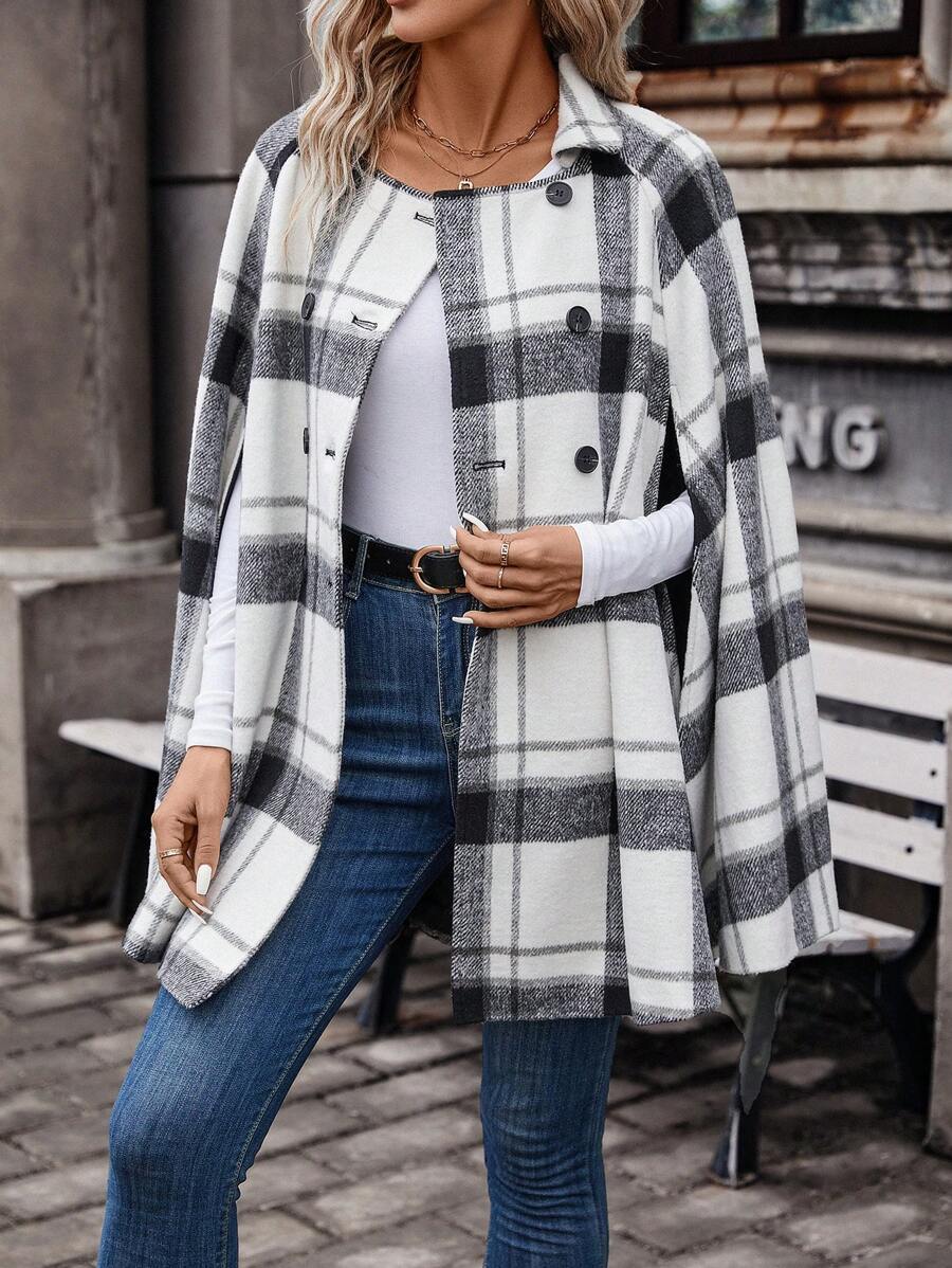 SHEIN LUNE Plaid Print Cloak Sleeve Double Breasted Overcoat - Black and White - View 1