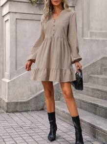 SHEIN LUNE Đầm Nút Viên lá sen màu trơn Giải trí - Màu Khaki - Xem 5