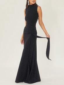 Vestido de cena con cuello alto y brillo - Negro - Ver 4