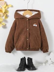 SHEIN 女小童貼布細節毛絨內襯連帽燈芯絨夾克不帶T恤 - 駝色 - 查看 4