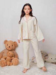 SHEIN Leap Crew 女大童1入組拼接滾邊落肩袖睡衣套裝 - 杏色 - 查看 5