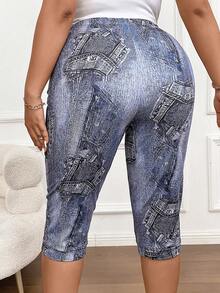 Calvaya 大碼牛仔效果印花高腰緊身打底褲 - 彩色 - 查看 2