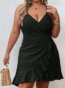 SHEIN VCAY Plus Ruffle Trim Wrap Knot Side Cami Dress - Black - View 1