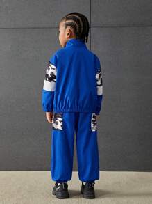 Young Boy Casual Loose Patchwork Color Block Stand Collar Jacket And Elastic Cuff Pants Set (Lightweight/Fleece/Thickened) - Blue - View 2