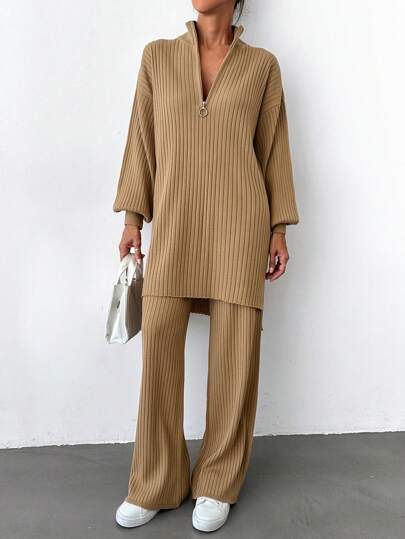 EURMUSE Half Zip Drop Shoulder Sweater & Knit Pants