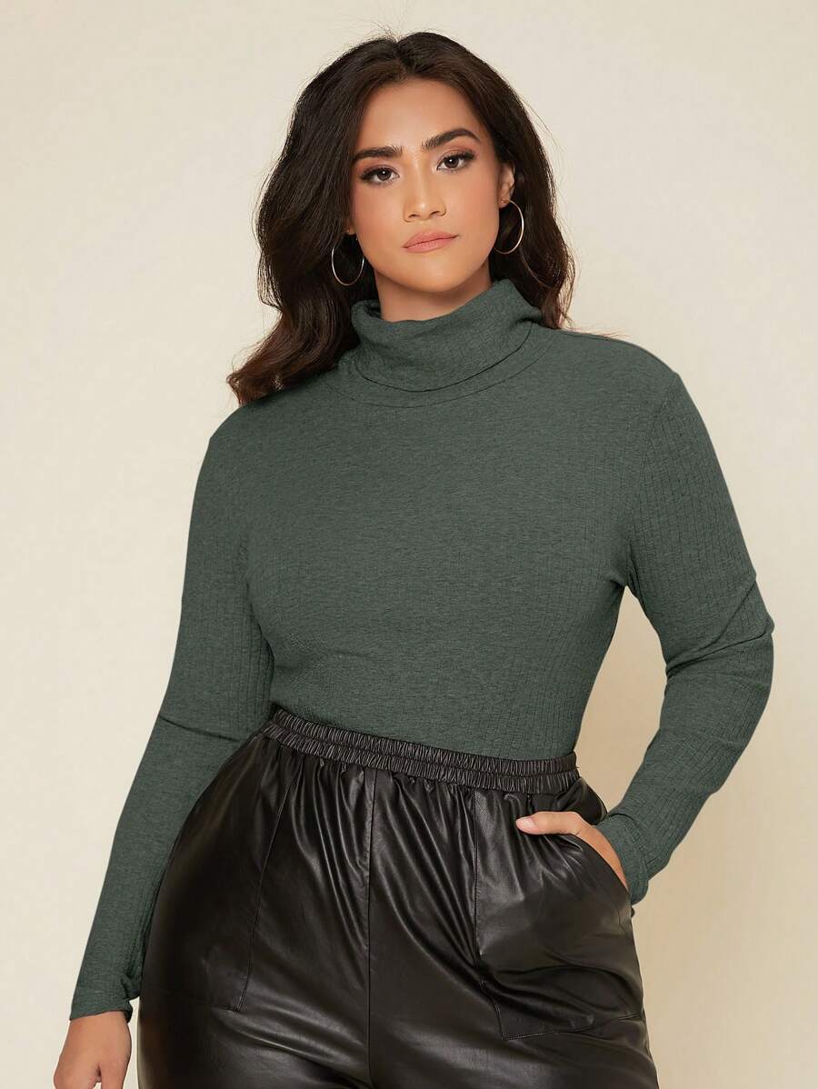 SHEIN BASICS Plus Solid Turtleneck Tee - Dark Grey - View 1