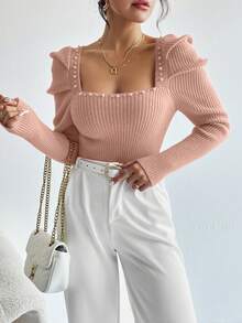 SHEIN Privé 珍珠珠飾方領泡泡袖羅紋針織毛衣 - 珊瑚粉 - 查看 4