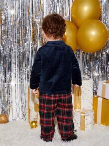 SHEIN 男嬰1入組格紋印花襯衫帶系帶&1入組格子呢圖案長褲&1入組西裝外套 - 彩色 - 查看 5